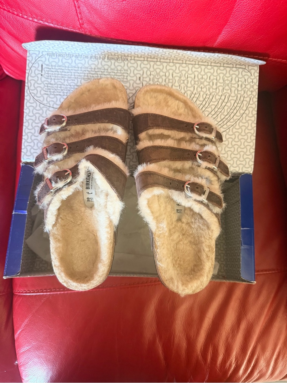 Brand new Birkenstock Women's Brown Faux Fur Triple-Strap Clogs